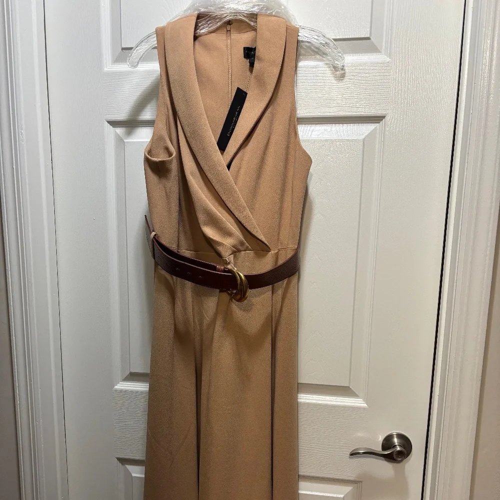 DONNA KARAN CREPE FIT AND FLARE DRESS WITH BELT - Picture 2 of 5